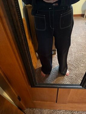 LOFT Black Wide-Leg Pants with White Topstitching